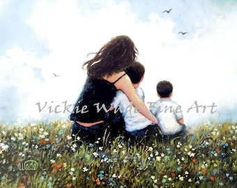 Mother Two Sons Art Print, mother hugging two sons, mom two boys hugging, mum two sons wall art, mother paintings, mom gift Vickie Wade Art.