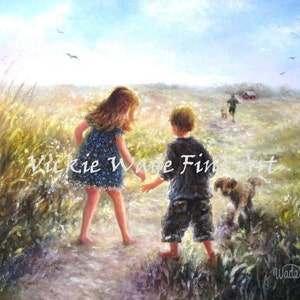 Redhead Girl and Boy Art Print, brother, sister, walking, red haired girl, path, red head girl, two boys, girl, three kids, Vickie Wade Art