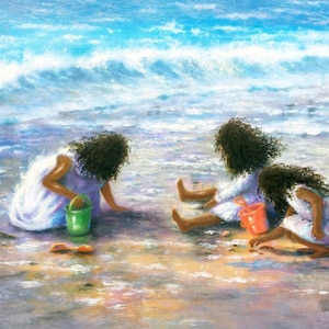 African American Three Beach Sisters Art Print, three black girls, three black daughters beach, finding sea shells, shelling Vickie Wade Art