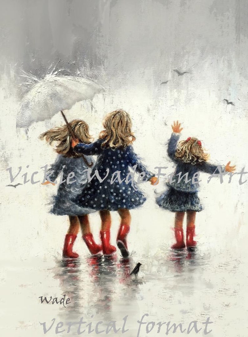 Three Sisters Rain Art Print, three girls paintings, three rain sisters, sisters paintings, girls room art, three daughters, Vickie Wade Art image 5