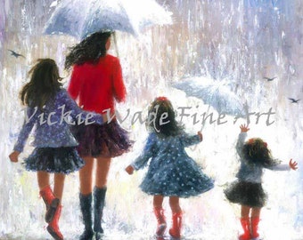 Mother Three Daughters Art Print, three girls, three sisters, darker skin girls mother three daughters, umbrellas in rain, Vickie Wade Art