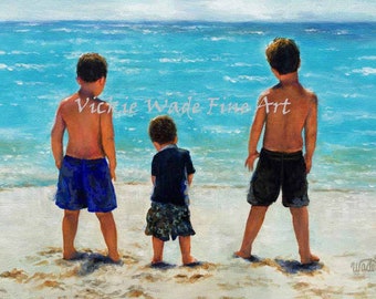 Three Beach Boys Aqua Sea Art Print, three sons, three brothers beach wall art, 3 beach boys art, 3 boys, 3 sons beach art, Vickie Wade Art