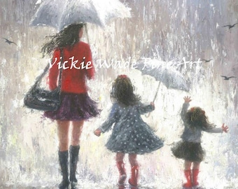 Mother and Two Daughters Art Print, two girls, mothers day gift, redhead girls, wall art, two sisters, umbrellas, mom, Vickie Wade art