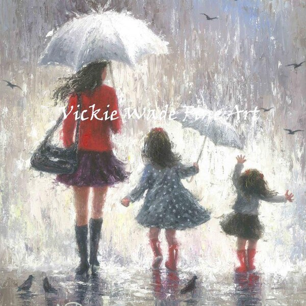 Mother and Two Daughters Art Print, two girls, mothers day gift, redhead girls, wall art, two sisters, umbrellas, mom, Vickie Wade art