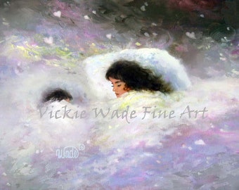 May include: A painting of two girls in a white, fluffy cloud-like setting. The girls have dark hair and are surrounded by a soft, purple and white background with white hearts scattered throughout. The text "Vickie Wade Fine Art" is visible in the lower center of the painting.
