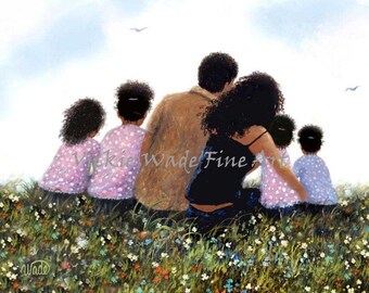 African American Family Four Daughters Art Print, four black girls, four black sisters, black family hug, sitting in meadow, Vickie Wade Art