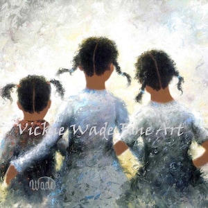 May include: Three young girls with dark brown hair in pigtails walk side by side, facing away from the viewer. They are wearing blue and white dresses. The background is a soft, white, and gray wash.