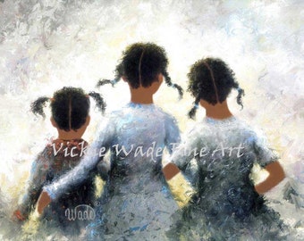 Three Sisters African American Art Print, Pigtails, three black sisters hugging, three black girls, three black daughters, Vickie Wade Art