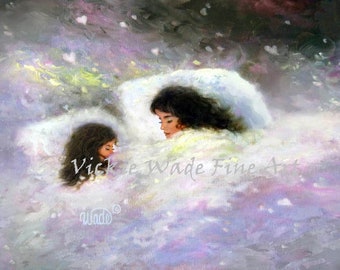 Mother and Daughter Dream Art Print, napping mom and daughter, big sister little sister, sleeping girls, two sisters, two girls, Vickie Wade