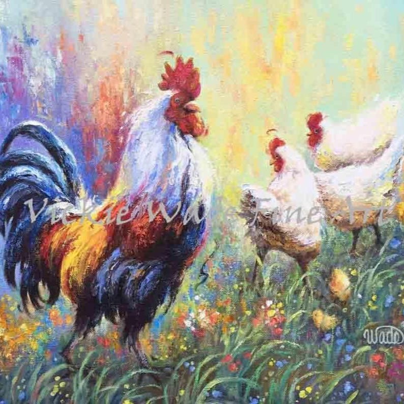 Lámina artística de gallo y gallina: decoración de pared para cocina de Vickie Wade imagen 2