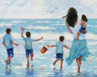 Beach Mother Three Sons and Daughter Art Print, three boys and girl, jumping waves with mom, four beach kids, four children, Vickie Wade Art