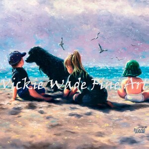 Three Beach Children Art Print, beach wall art, three kids beach wall art, black labrador dog, black dog beach, Vickie Wade Art image 2