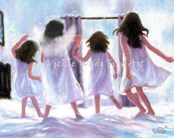 Four Sisters Jumping on the Bed Art Print, four girls, four brunette daughter's angel sister memorial, four sisters, Vickie Wade art