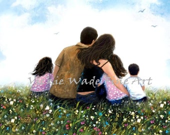 Family Hugs Art Print mother father two sisters little brother, three children, mom dad family hugging sitting in meadow, Vickie Wade Art