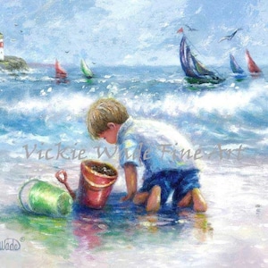 Beach Boy Art Print: Sand, Sailboats, Nautical Wall Decor