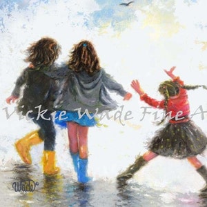 Three Sisters Art Print, three girls wall art, three girlfriends, three daughters, happy feet painting, Vickie Wade art image 2