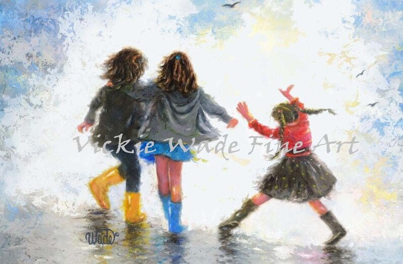 Three Sisters Art Print, three girls wall art, three girlfriends, three daughters, happy feet painting, Vickie Wade art image 2