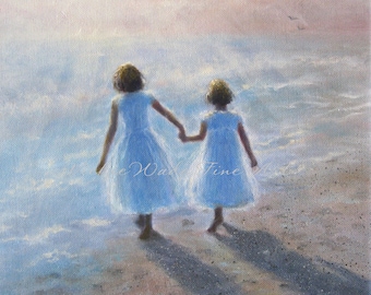 Two Beach Sisters Art Print, two girls beach children ocean paintings two sisters beach wall decor, painting, heavenly, Vickie Wade art
