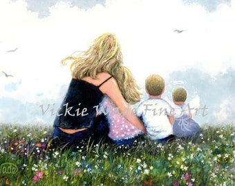 Mother and Three Children Hugging Art Print ANGEL baby girl, grief and mourning, blonde mom, daughter, son and baby daughter Vickie Wade Art