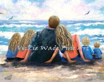 Strand Familie Kunstdruck, vier Kinder zwei Mädchen zwei Jungen, zwei Töchter zwei Söhne, Blondine, sitzend auf Strand beobachten Wellen, Vickie Wade Art