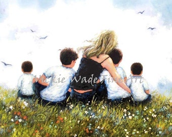 Mother Four Sons Art Print, four brothers, four boys, mom, mother of four boys, mum mom mother hugging four sons painting, Vickie Wade Art
