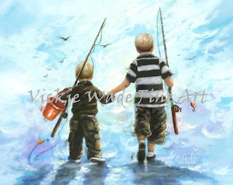 Two Little Boys Going Fishing Art Print two boys fishing childrens wall art boys room, kids decor, boy decor, two brothers fishing paintings