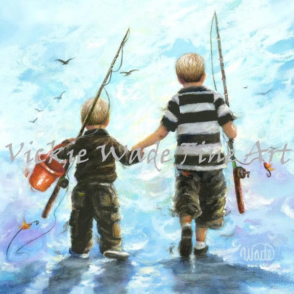 Two Little Boys Going Fishing Art Print two boys fishing childrens wall art boys room, kids decor, boy decor, two brothers fishing paintings