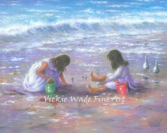 Two Sisters Beach Art Print, two girls, beach girls, brunette girls, wall art, beach children, shelling, girls room art, Vickie Wade Art