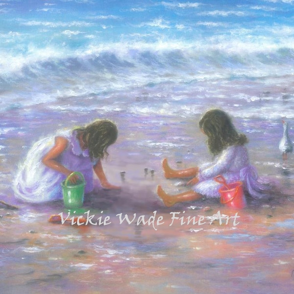 Two Sisters Beach Art Print, two girls, beach girls, brunette girls, wall art, beach children, shelling, girls room art, Vickie Wade Art