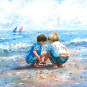 Two Beach Boys Art Print, two brothers beach, beach wall art, art, little boys room, two boys blue wall art, beach painting, Vickie Wade art image 2