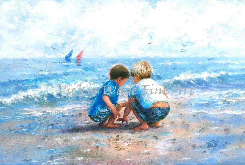 Two Beach Boys Art Print, two brothers beach, beach wall art, art, little boys room, two boys blue wall art, beach painting, Vickie Wade art image 2