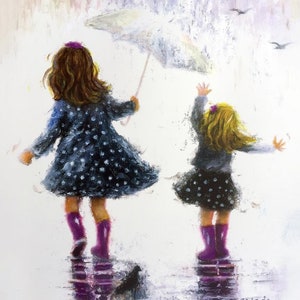 Sisters Art Print, two girls, two sisters, rain sisters, girls bedroom art, gray purple, mother gift, rain girls, wall art, Vickie Wade art image 2