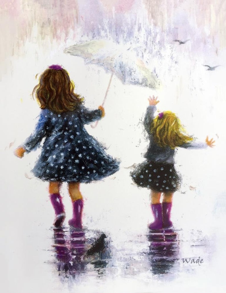 Sisters Art Print, zwei Mädchen, zwei Schwestern, Regen Schwestern, Mädchen Schlafzimmer Kunst, grau lila, Mutter Geschenk, Regen Mädchen, Wandkunst, Vickie Wade Kunst Bild 2