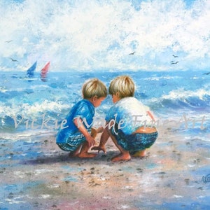 Two Beach Boys Art Print, two brothers beach, blonde and brunette beach boys, beach wall art, art, little boys room, Vickie Wade art image 4