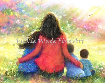 Mother Daughter and Two Sons Art Print, mom three children hugging in flower garden, girl two boys, sister two brothers, Vickie Wade Art