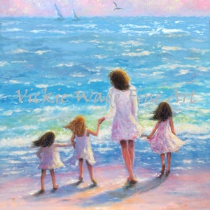 Mother and Three Daughters Beach Art Print, mom, three girls, beach sisters, three sisters, mother's day gift, loving mom, Vickie Wade Art image 7