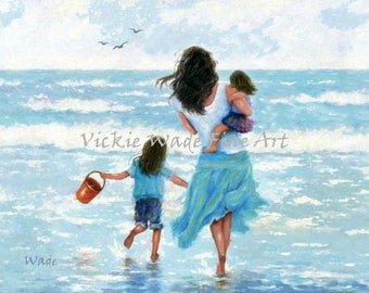 Beach Mother Two Daughters Art Print, two beach sisters, two beach girls, jumping in ocean waves, playing in surf, Vickie Wade Art