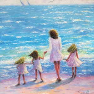 Mother and Three Daughters Beach Art Print, mom, three girls, beach sisters, three sisters, mother's day gift, loving mom, Vickie Wade Art image 2