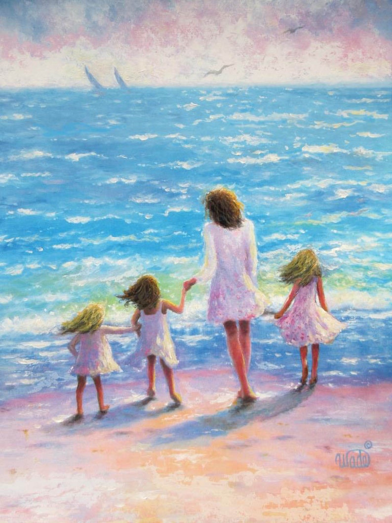 Mother and Three Daughters Beach Art Print, mom, three girls, beach sisters, three sisters, mother's day gift, loving mom, Vickie Wade Art image 2