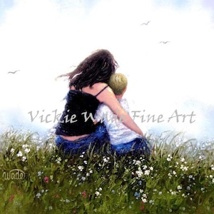 Mother and Son Art Print, mom, boy, brunette mother, blonde son, mom hugging son, loving mother, mother's day gift,  Vickie Wade Art