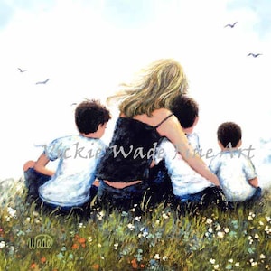Mother and Three Sons Art Print, mom, three boys, blonde mother, mom hugging three sons, mother's day gift, mum art,  Vickie Wade Art