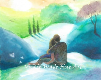 Lovers Art Print, loving couple, sunset, green, teal, blue, romantic couple hugging, landscape, wall art, anniversary gift, Vickie Wade Art