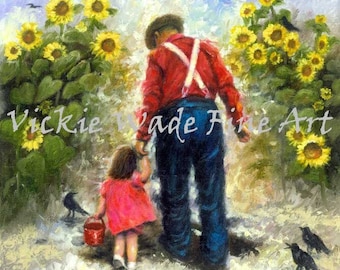 Lámina artística Paseo de girasoles: Abuelo y nieta