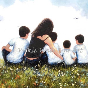 Mother Four Sons Art Print, four brothers, four boys, mom, mother of four boys, mum mom mother hugging four sons painting, Vickie Wade Art image 3