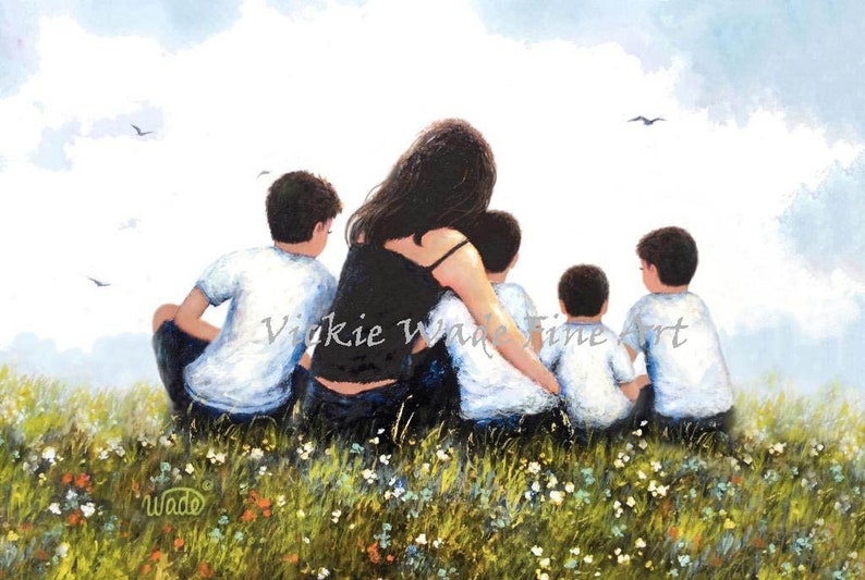Mother Four Sons Art Print, four brothers, four boys, mom, mother of four boys, mum mom mother hugging four sons painting, Vickie Wade Art image 3