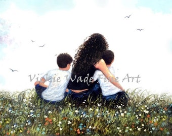 Mother Two Sons Hugging Art Print, long curly haired mom, sitting in meadow, two boys, two brothers, loving mother, Vickie Wade Art.