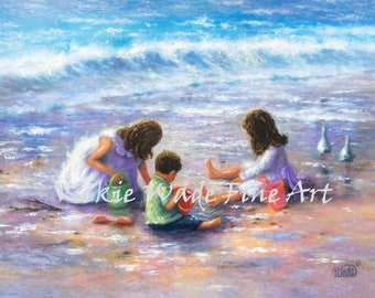 Three Beach Children Art Print, two sisters and brother, two girls and boy, beach kids, sitting on beach, two daughters and son, Vickie Wade