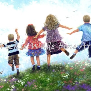 Four Children Leaping Art Print, two girls two boys, two brothers two sisters, two sons two daughters, running in grass, Vickie Wade Art