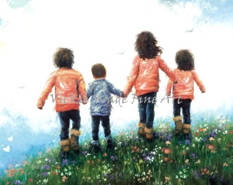 Four Children Walking Art Print, three sisters and little brother, three girls and boy walking in meadow holding hands, Vickie Wade Art