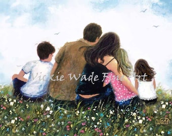 Family Three Children Art Print, mother father son two daughters, mom dad boy two girls sitting, hugging in meadow, Vickie Wade Art